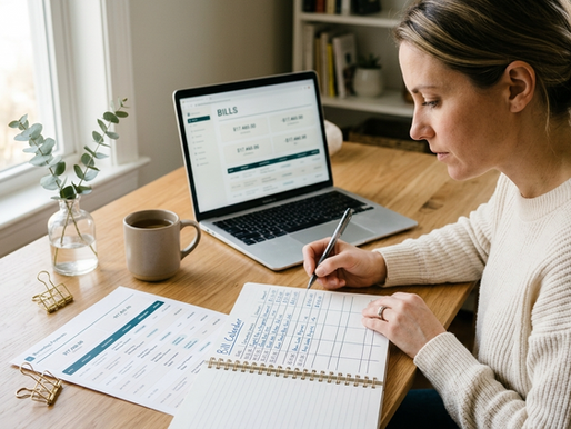 Woman building a recurring bill calendar to track monthly subscriptions and payments