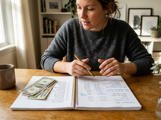 Woman business owner comparing debt snowball vs debt avalanche payoff methods at her desk with a notebook and coffee