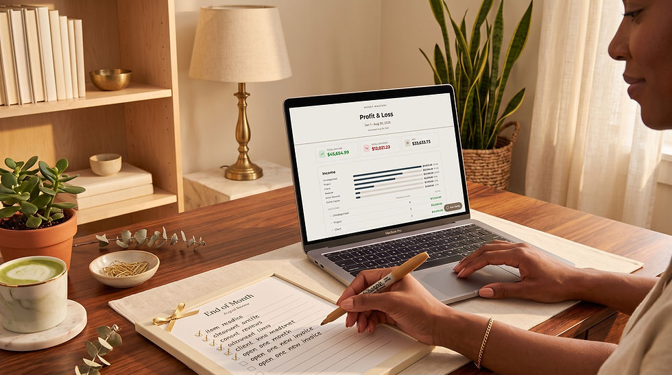 Woman reviews a Profit & Loss dashboard on a laptop while writing a month-end checklist in a warm home office