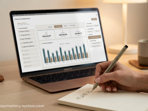 Business owner completing a monthly financial review checklist at a clean desk with laptop and notebook