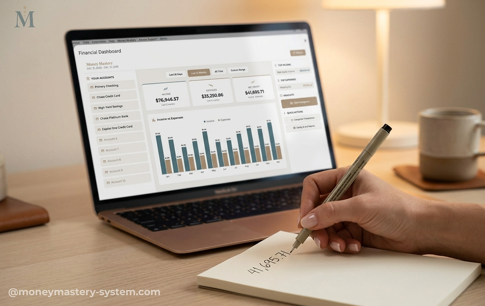 Business owner completing a monthly financial review checklist at a clean desk with laptop and notebook