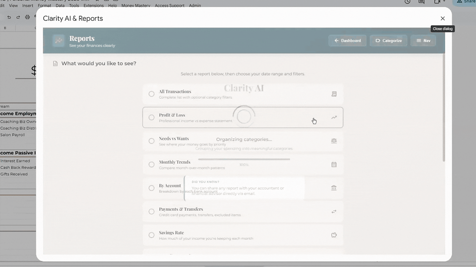 Money Mastery financial report next to ChatGPT conversation analyzing the data showing AI-powered financial clarity from Google Sheets system