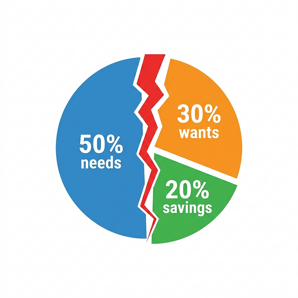 Cracked pie chart showing the 50 30 20 budget rule breaking apart, illustrating why the traditional budgeting method does not work for self-employed earners