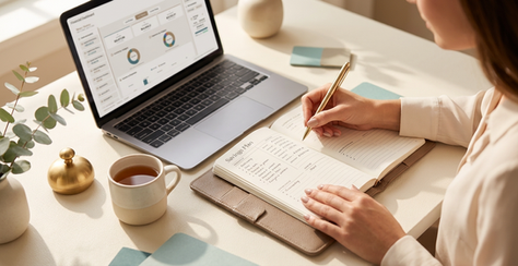 Self-employed woman reviewing her emergency fund savings plan at a sunlit desk with a notebook and laptop with Money Mastery System on it