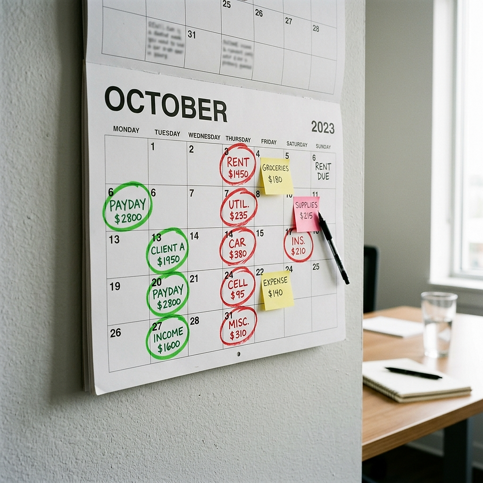 Cash flow calendar showing bill due dates and income dates to help small business owners track timing gaps
