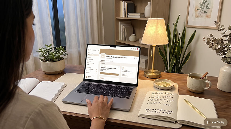 Woman works on a laptop at a cozy desk; screen shows Money Mastery Collective Circle, with planner notes and a warm lamp nearby.