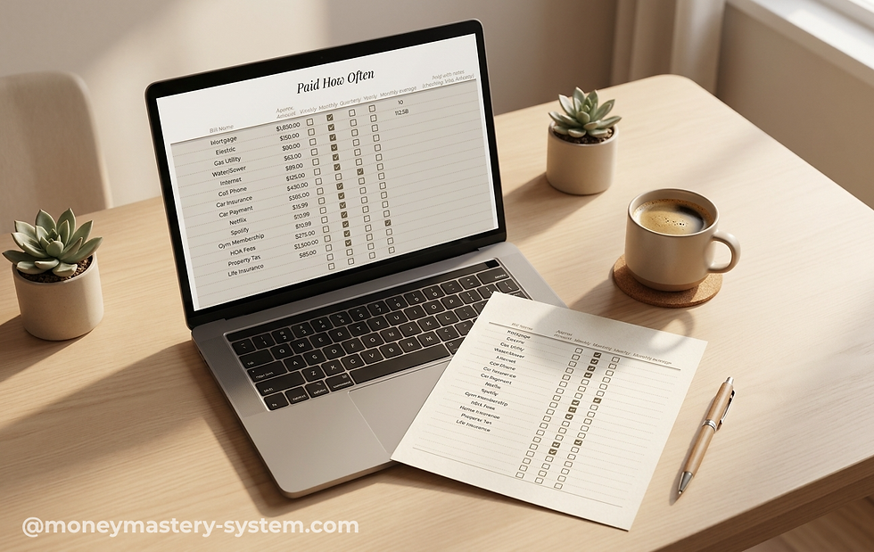 Clean desk with laptop, printed monthly financial review checklist, pen, and coffee in natural light showing Money Mastery Budgeting