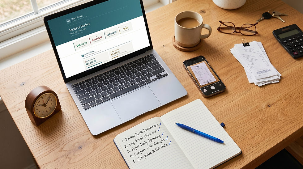 Self-employed professional starting weekly expense tracking routine at home office desk with laptop and planner