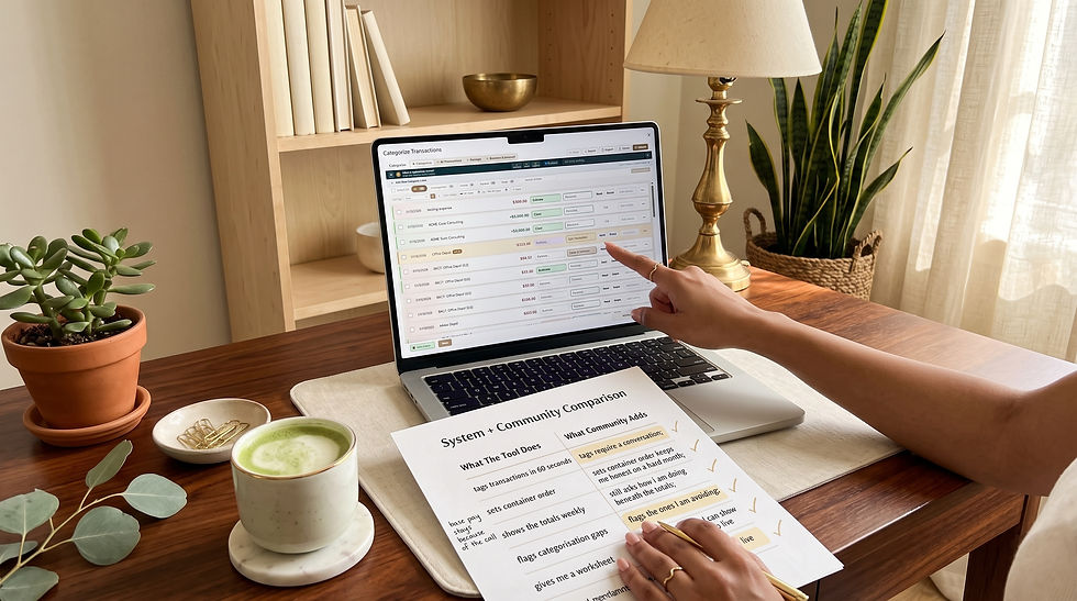 Hand points at a laptop showing Categorize Transactions, beside a worksheet, coffee, and plants on a warm home desk.