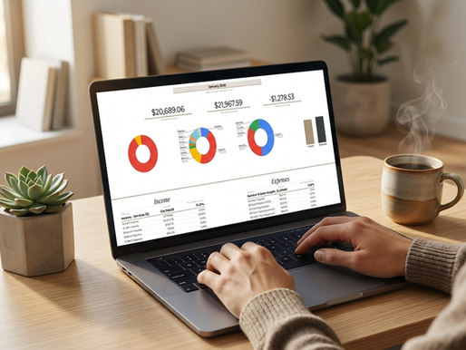 Laptop showing Google Sheets budgeting spreadsheet with organized financial data on a modern desk