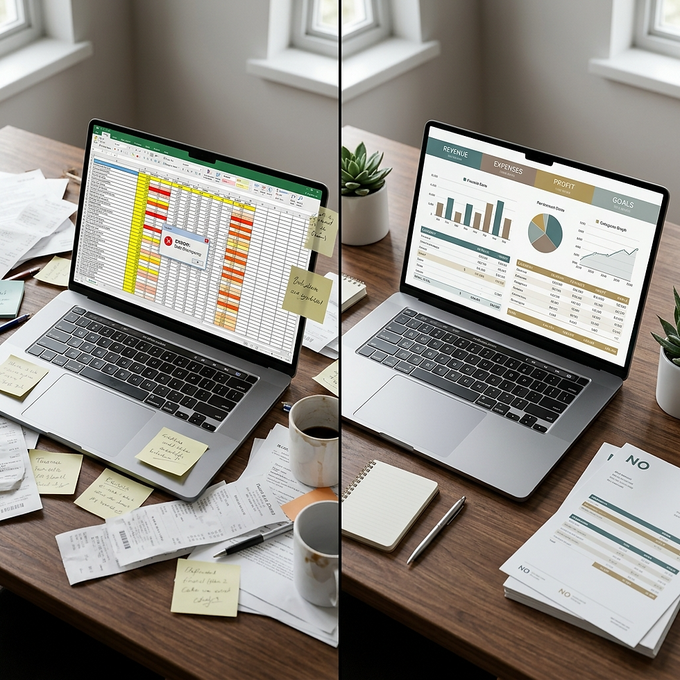 Before and after comparison of messy DIY budget spreadsheet versus organized financial dashboard showing the difference structure makes"