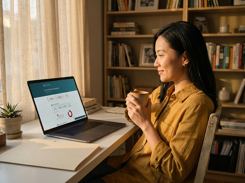 Woman in a warm home office smiles with a mug beside a laptop showing a dashboard, bookshelves behind her.