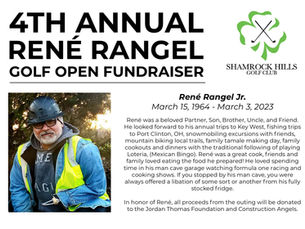 Flyer for 4th Annual René Rangel Golf Open Fundraiser at Shamrock Hills, with photo of Rene Rangel in hard hat and safety vest.