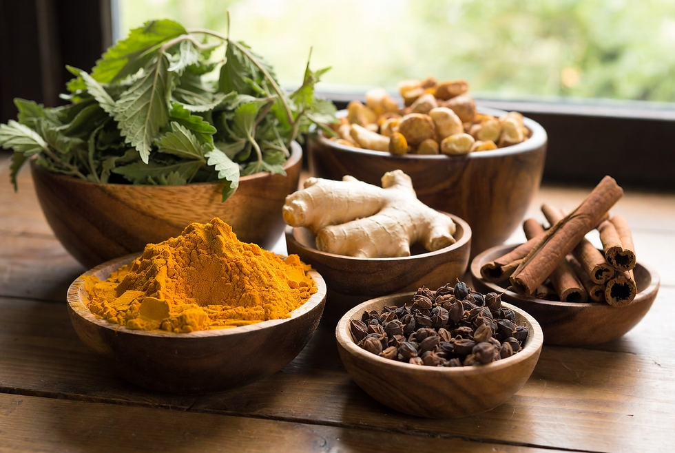 dried herbs for equine joint health: turmeric, nettle, cinnamon, ginger, and hawthorn