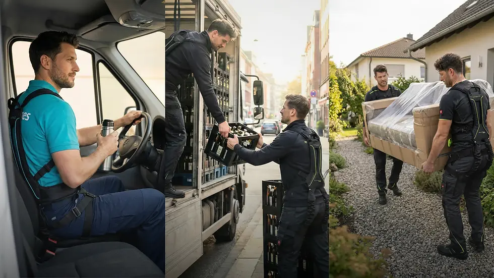 BionicBack MOVE Exoskelett beim Sitzen, Getränkekiste heben und Sofa tragen