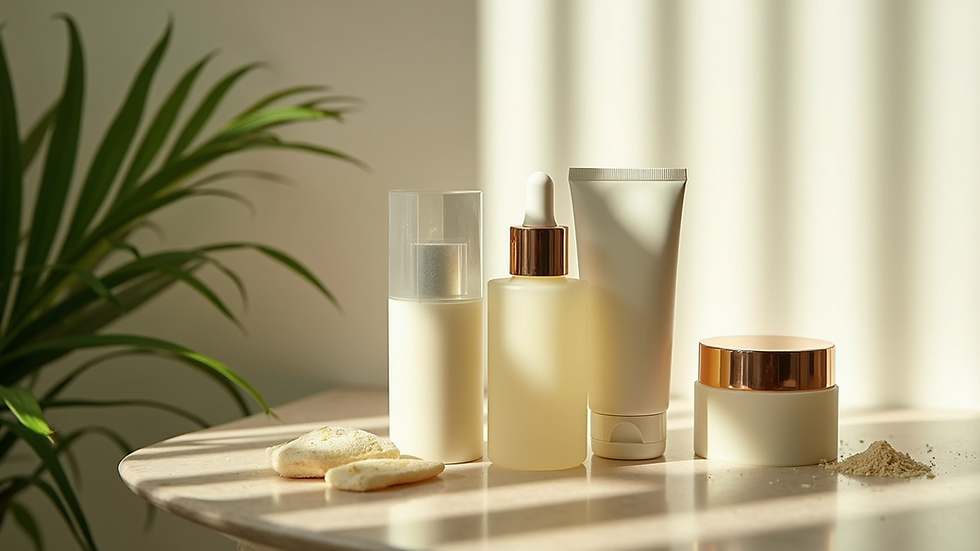 Eye-level view of a nature-inspired skincare display with products neatly arranged