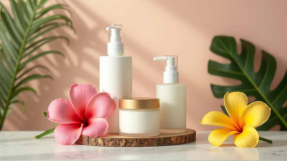 High angle view of handmade skincare products with tropical flowers
