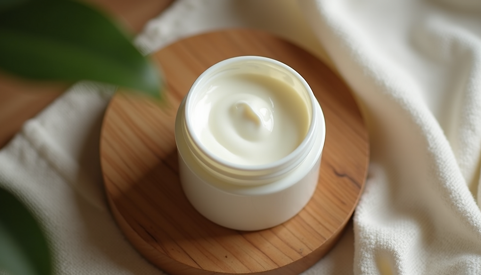Eye-level view of handmade natural skincare jars on wooden table