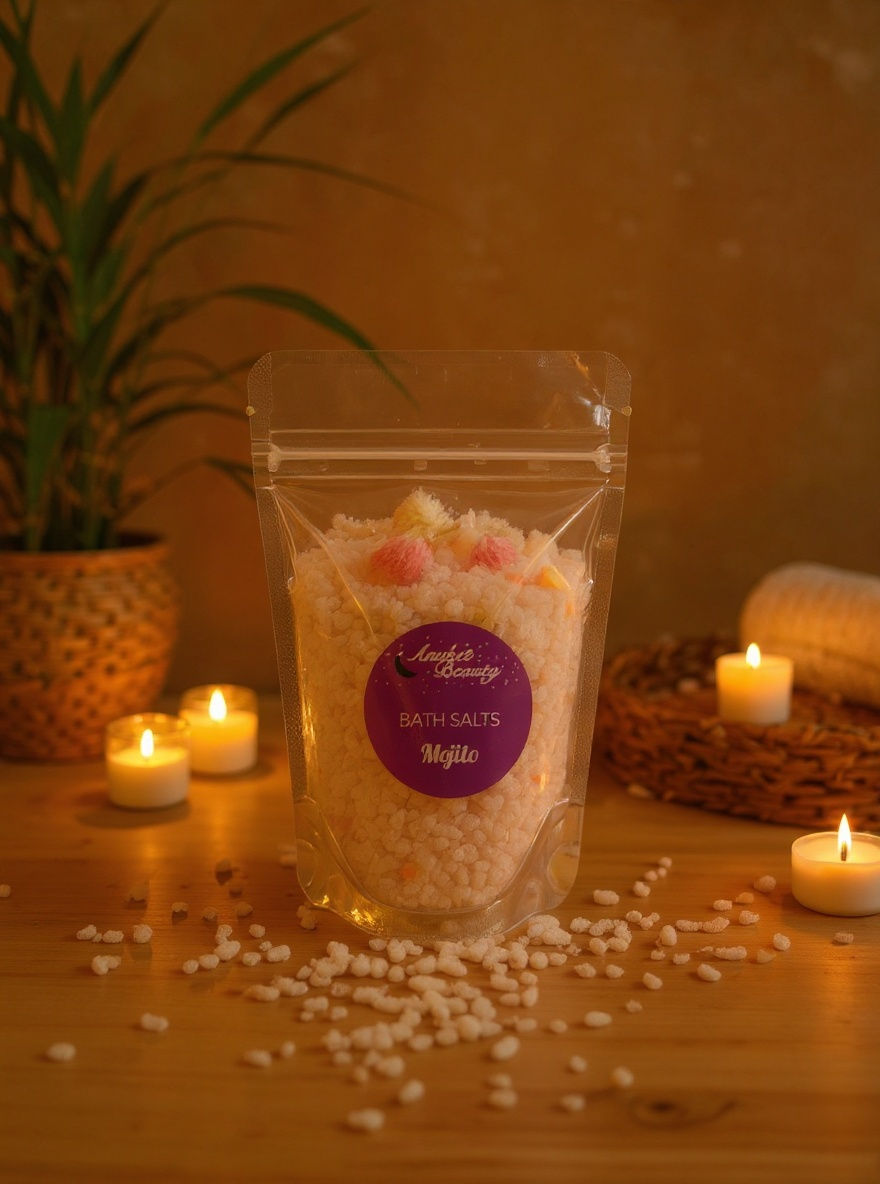 Eye-level view of a bathtub with bath salts and candles arranged around it