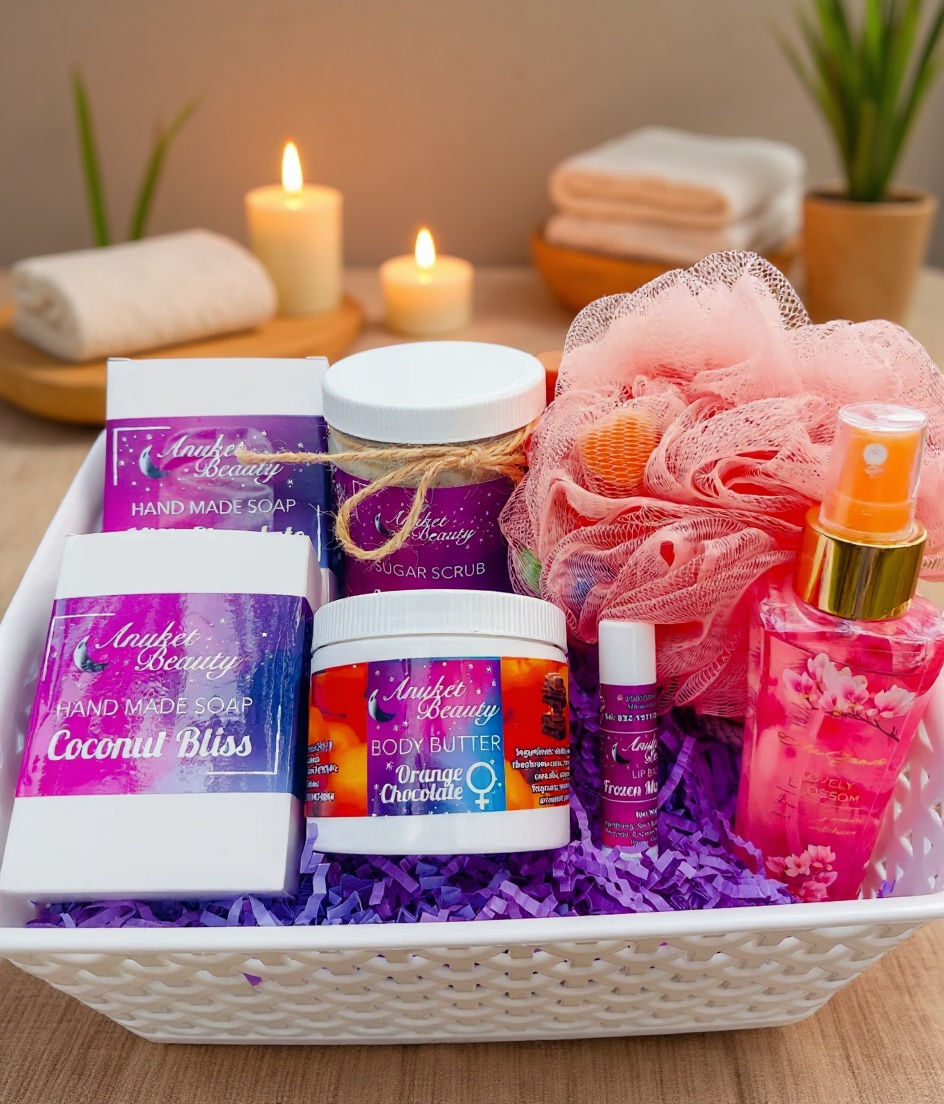 Eye-level view of handmade natural skincare products arranged on a wooden table