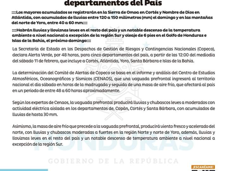 COPECO declara alerta verde por lluvias durante 48 horas en cinco departamentos del país