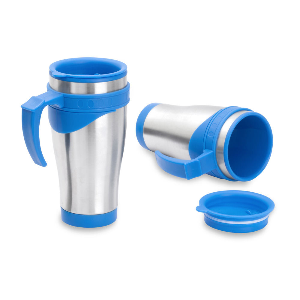 Caneca inox com plástico na parte interna de 450ml, plástico utilizado: PP (Polipropileno)
