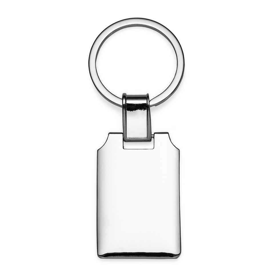 Miniatura: Descrição: Chaveiro metal retangular brilhante, frente e verso iguais, suporte da argola giratório.