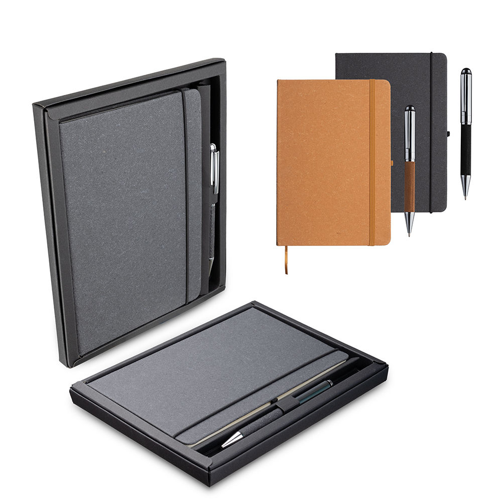 KIT ESCRITÓRIO A5 CAPA EM COURO RECICLADO E CANETA METALICA