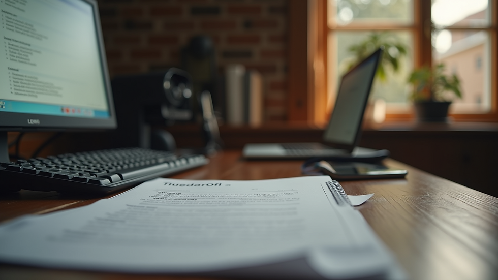 Close-up view of a traditional office desk with computer and paperwork
