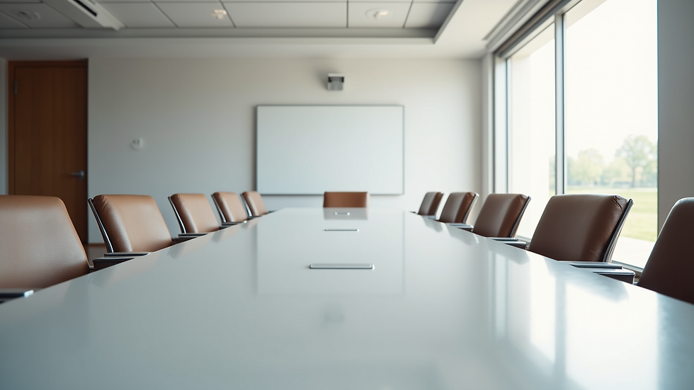Wide angle view of a bright meeting room with a large table and chairs