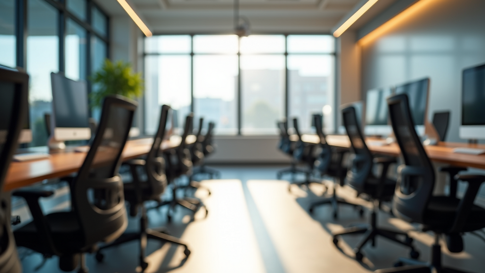 Eye-level view of a modern coworking space with desks and chairs