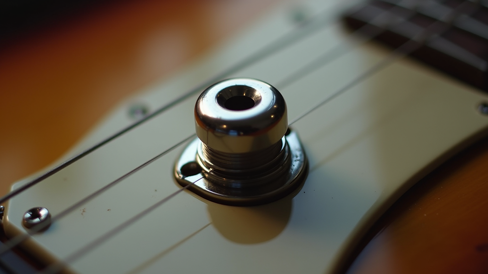 Close-up view of a guitar output jack mounted on a pickguard