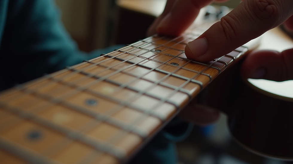 Eye-level view of guitar fretboard being conditioned