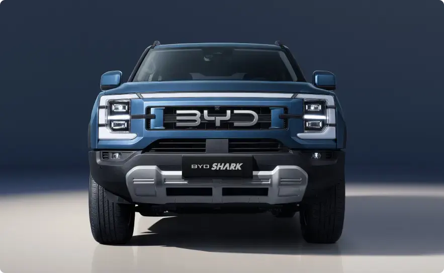 Front view of the blue BYD Shark pickup truck
