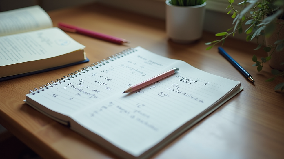 High angle view of a study desk with math books and notes