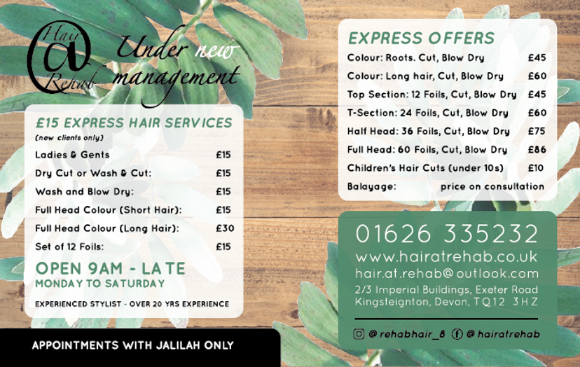 EXPRESS PRICES Hair Rehab Kingsteignton based salon