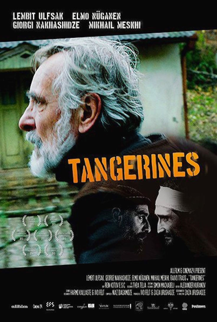 Movie poster for the Estonian-Georgian film Tangerines starring Lembit Ulfsak, Giorgi Nakashidze and Mikheil Meskhi