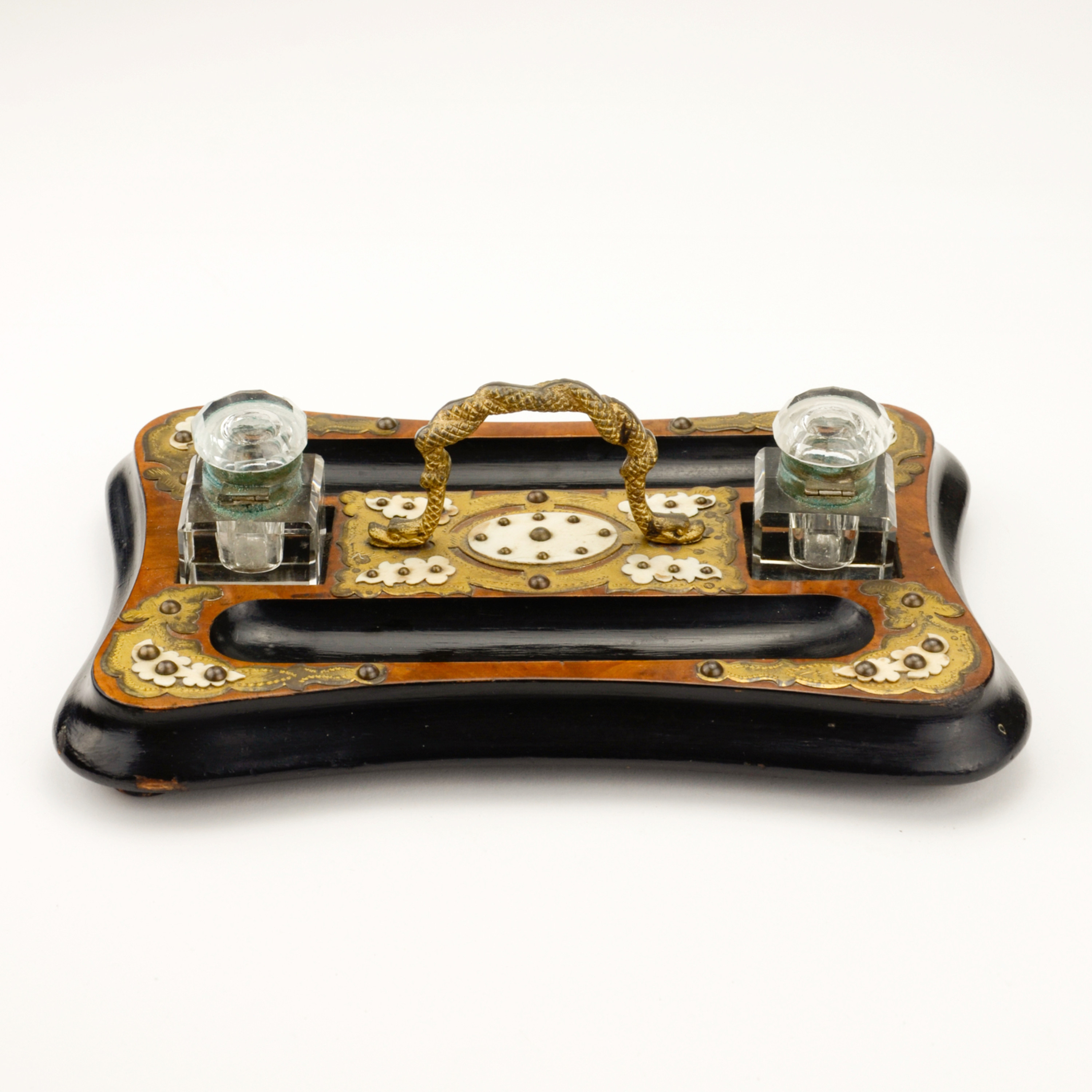 Victorian Double Inkstand — Ebonized Wood & Serpent Brass Handle, c.1860