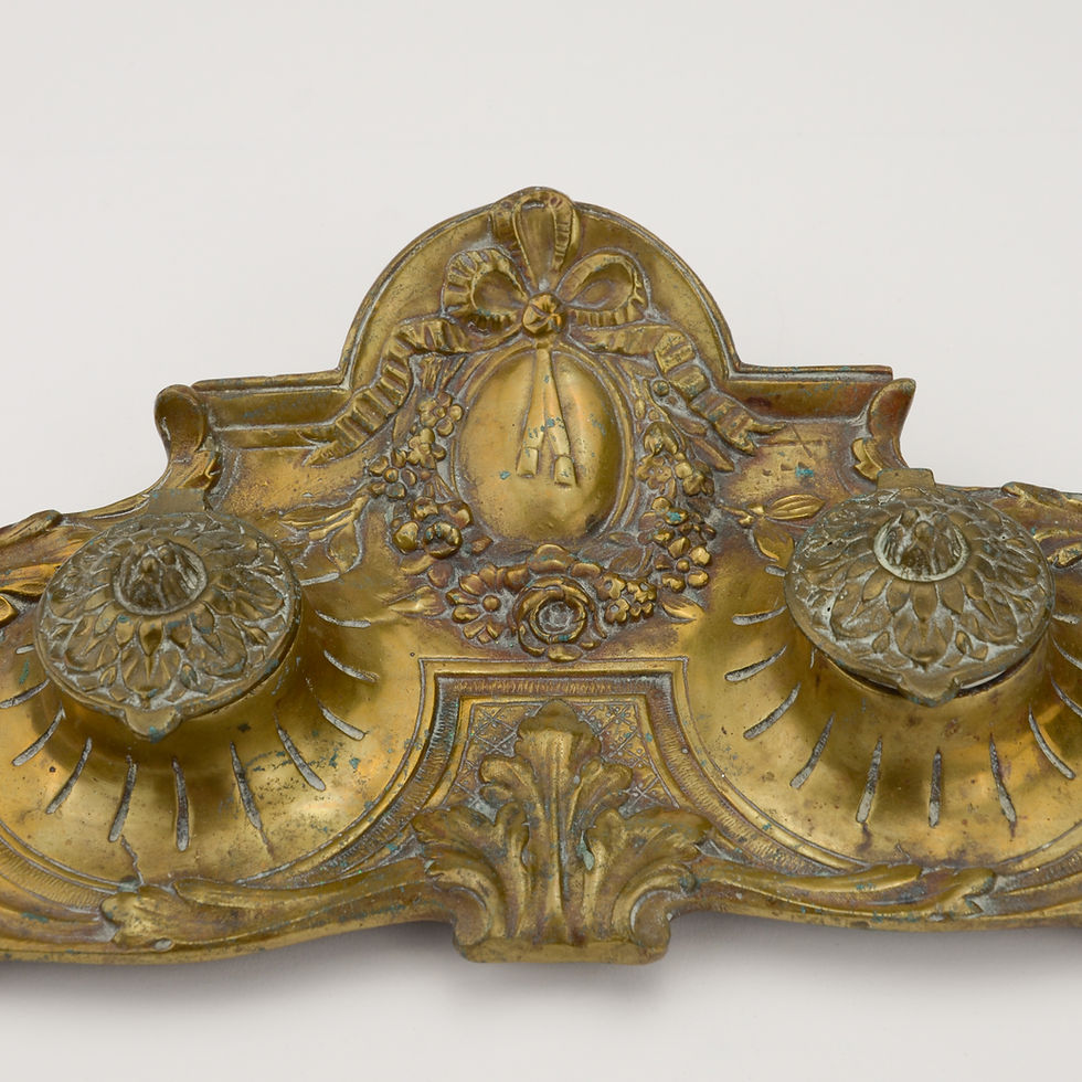 Thumbnail: Antique French Double Inkstand with Original Glass Liners | Déposé | Gilt Metal