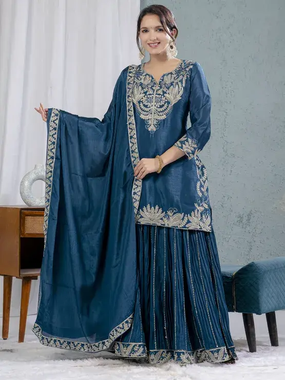 Chinon Silk Reception Salwar Kameez in Blue with Thread work