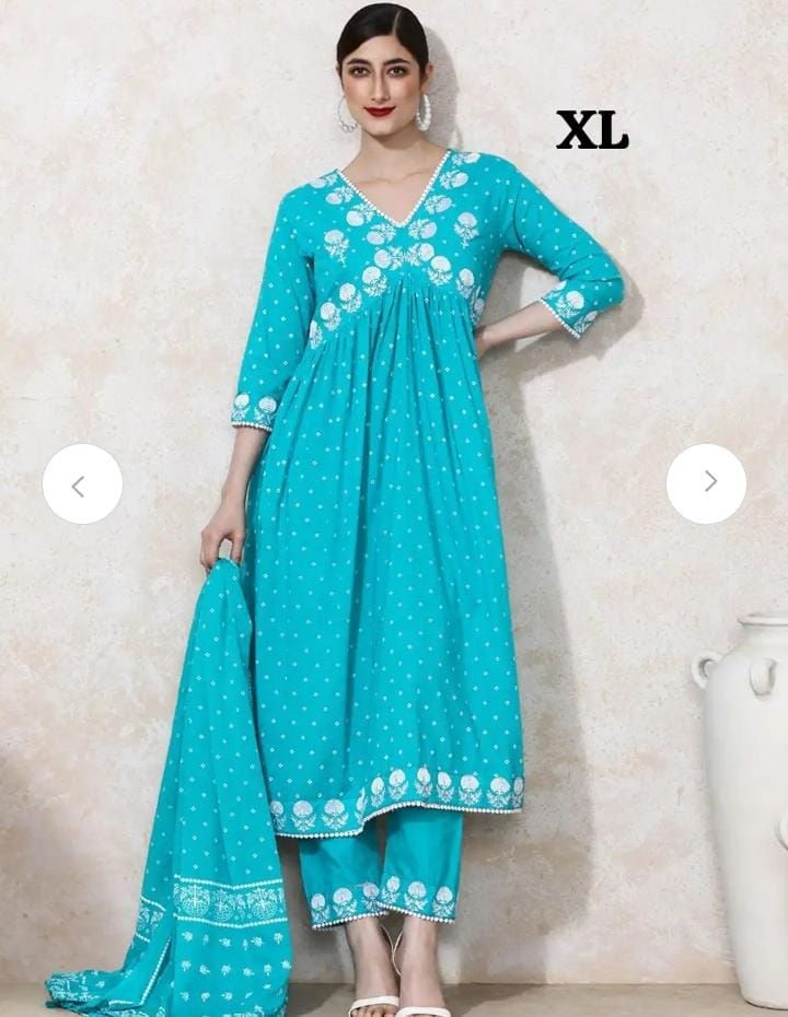 Turquoise Blue Printed Kurta with Trousers With Dupatta