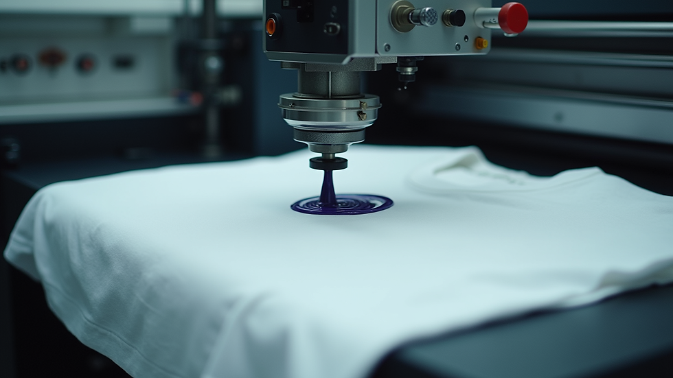 Eye-level view of a printing machine applying ink on a white t-shirt