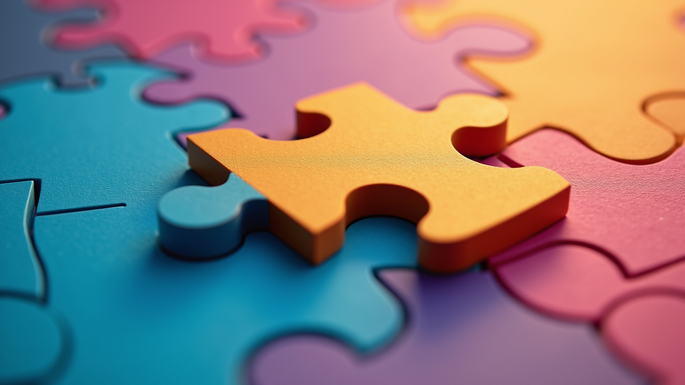 Eye-level view of a 3D printed multi-piece puzzle with vibrant colors