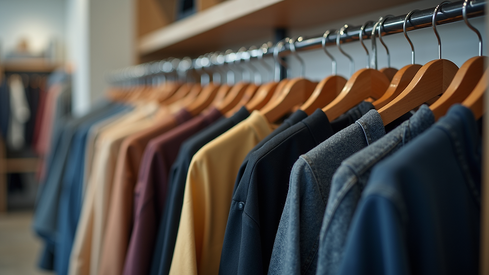 Eye-level view of a rack with various custom brand apparel hanging neatly
