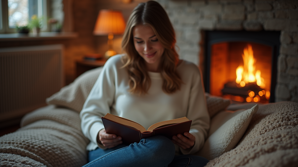 Eye-level view of a person reading a book in a cozy setting