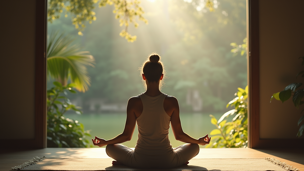 Eye-level view of a person meditating in a serene environment