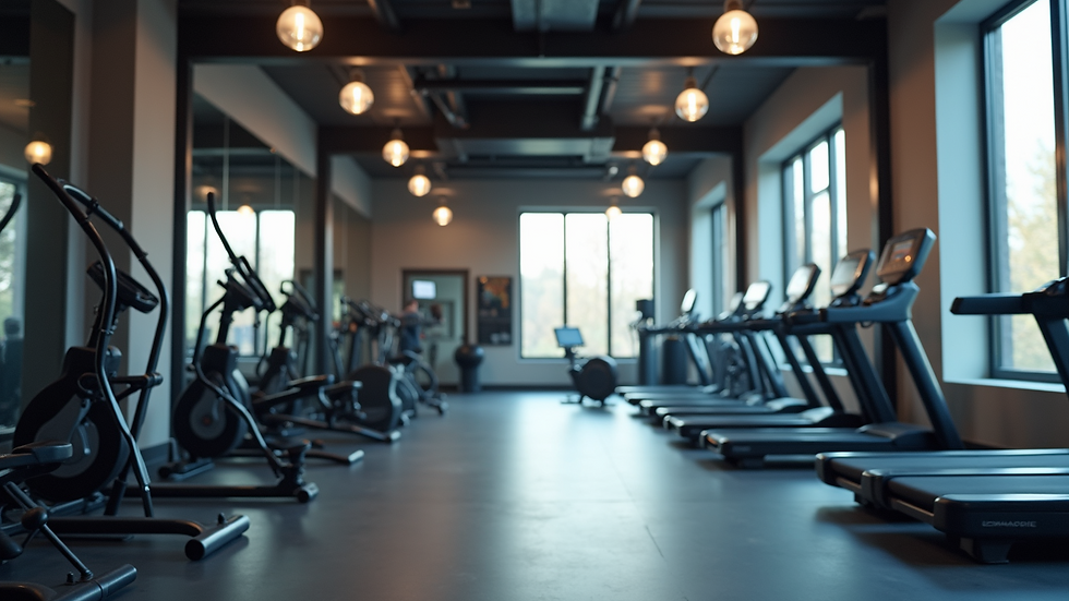 Eye-level view of an organized fitness space with exercise equipment