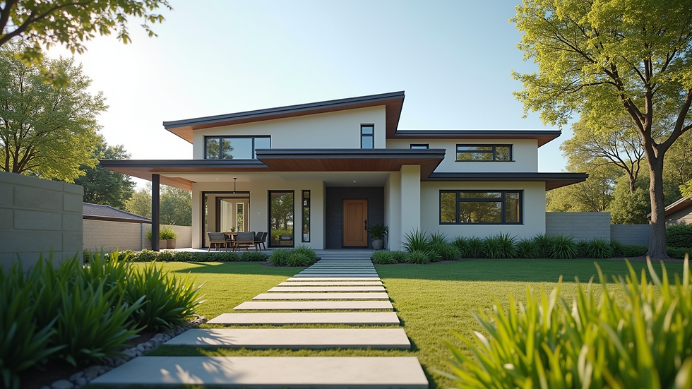 Eye-level view of a modern new construction home with a landscaped yard