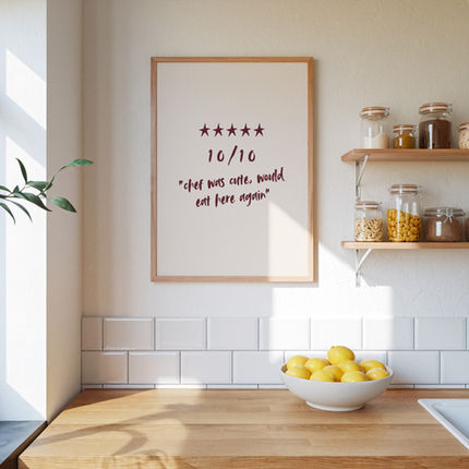 Neutral kitchen decor with framed funny chef quote print