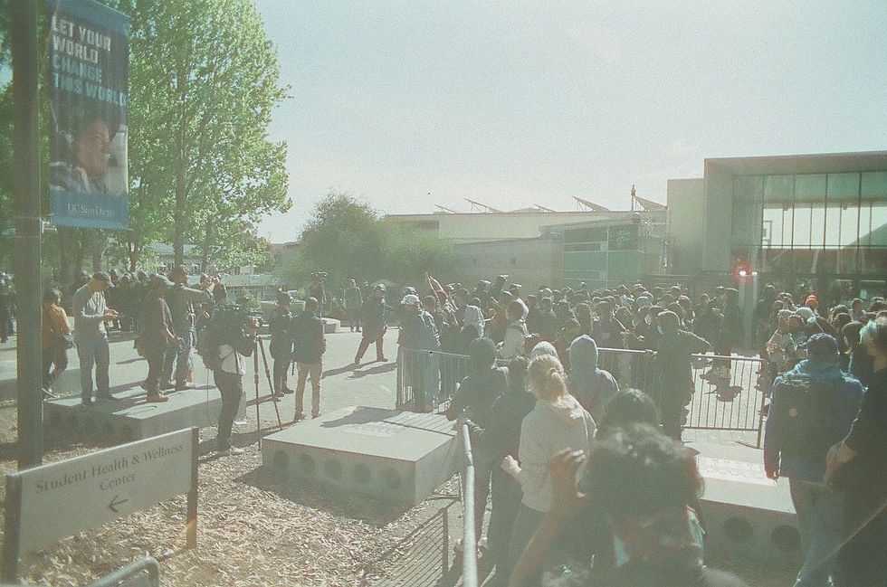 Protesters stop at the new line.